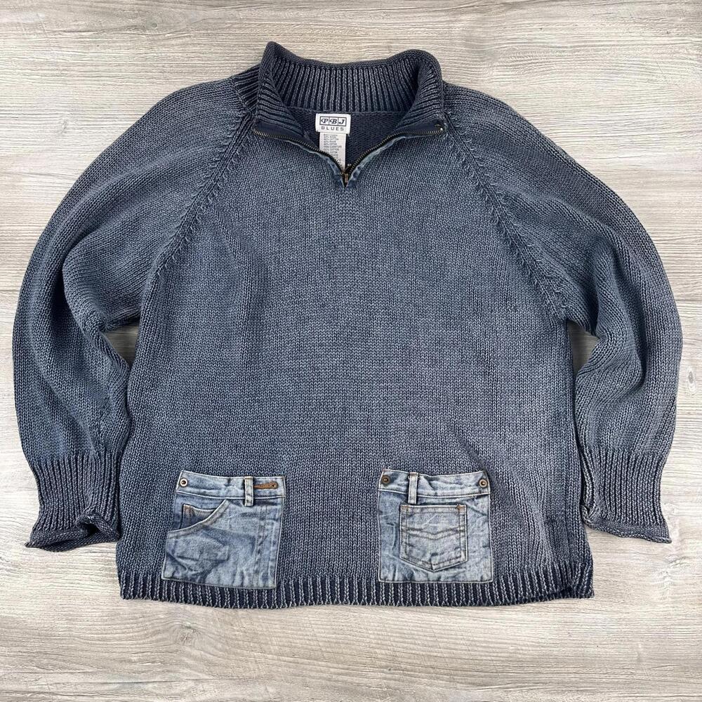 PBJ Blues Sweater Womens XL Blue Denim Accents Heavy Knit 1/4 Zip Raime EUC VTG